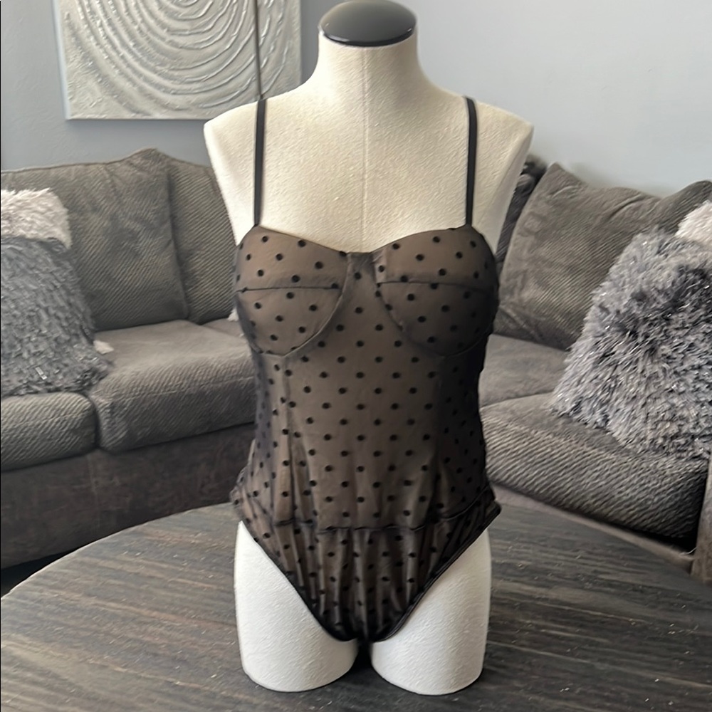 Black Velvety Polka Dot Body Suit Pin Up Girl Large